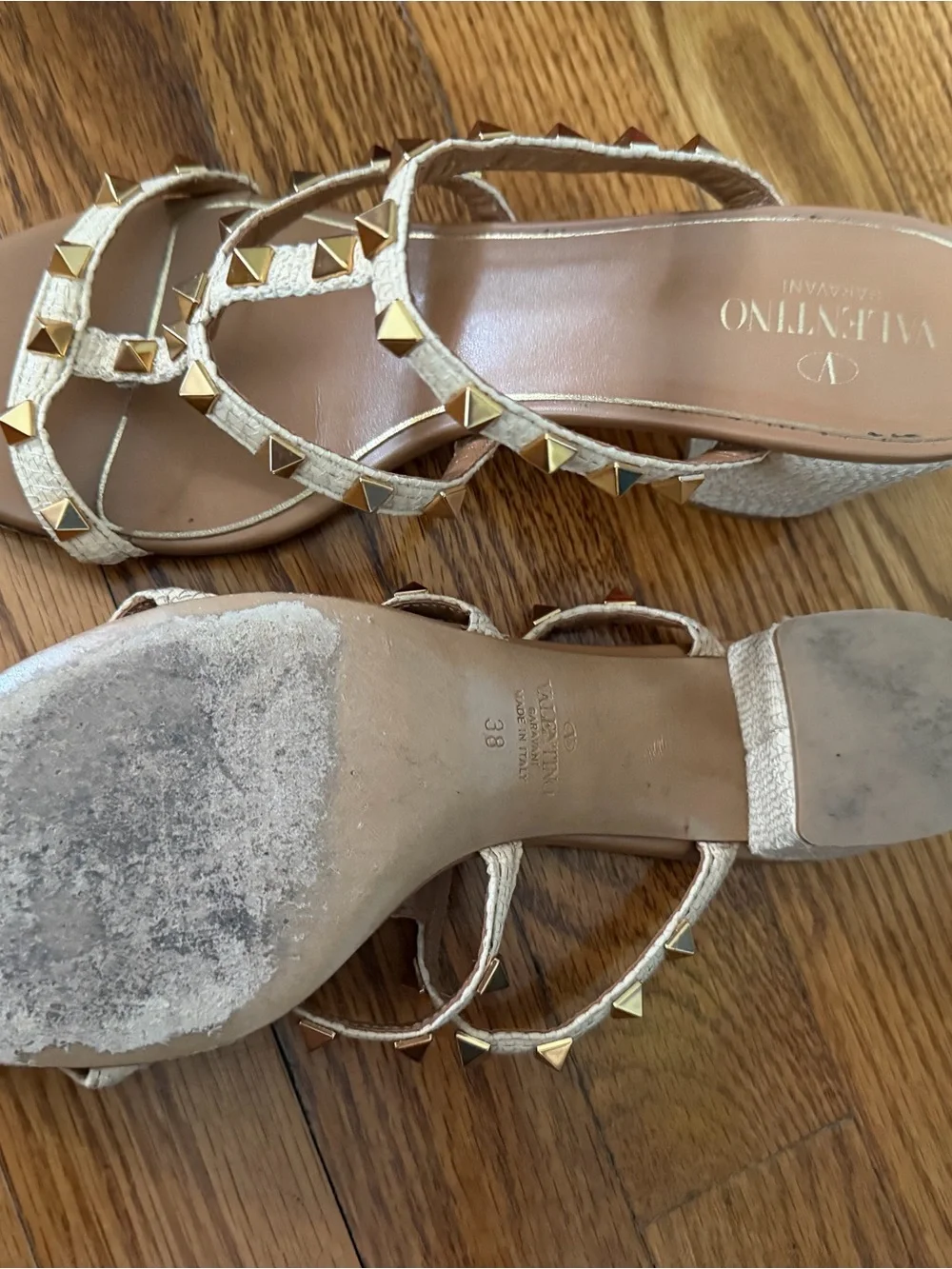 Valentino Garavani Gold Pyramid-Stud Strappy Heels